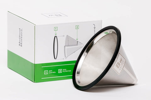 Barista Warrior filtro cono Hario V60 acero inoxidable para un vertido uniforme.