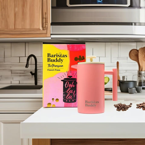 BaristasBuddy Prensa Francesa Rosa 4 Tazas, perfecta para compartir en casa.