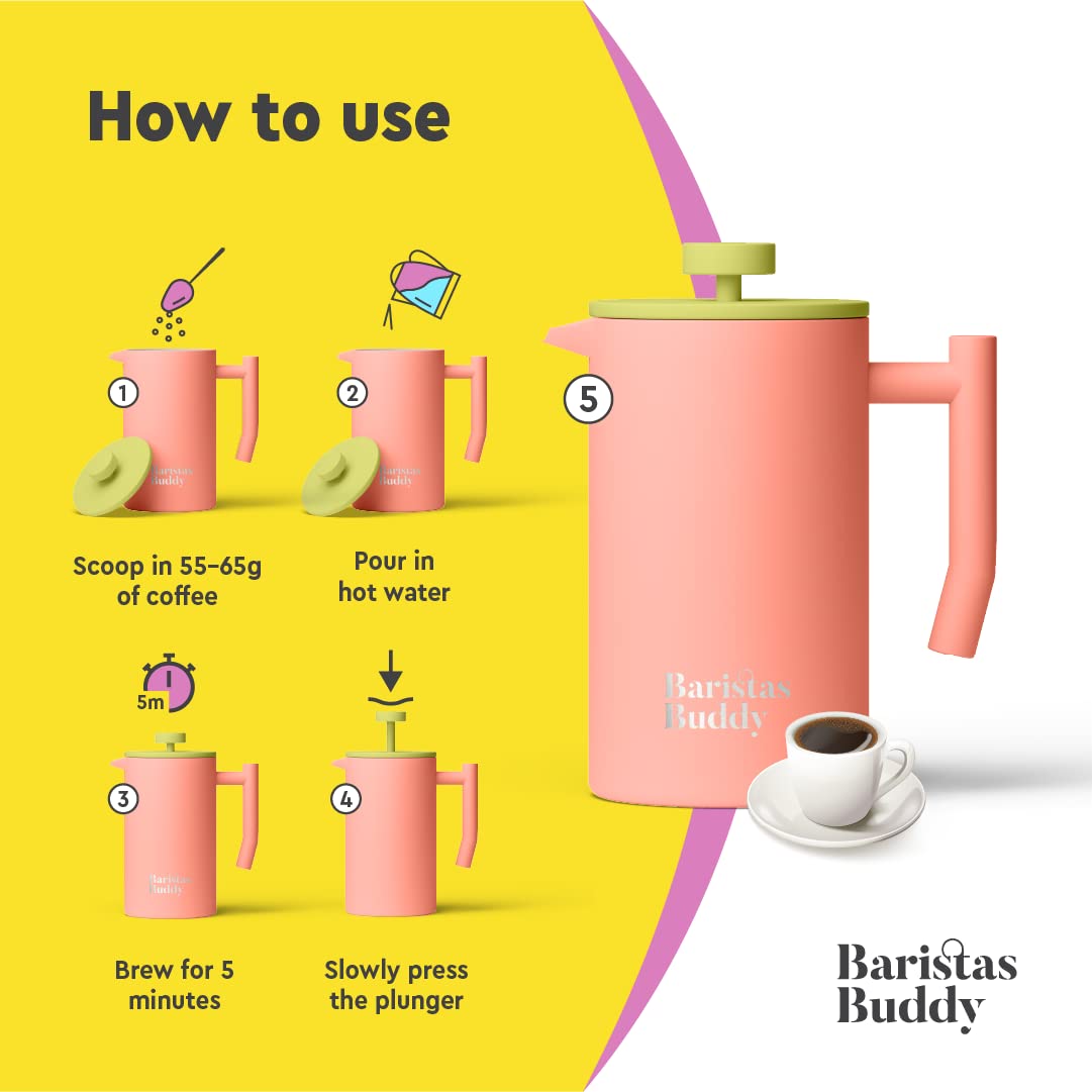 BaristasBuddy Prensa Francesa Rosa Aislada, mantiene el café caliente más tiempo.
