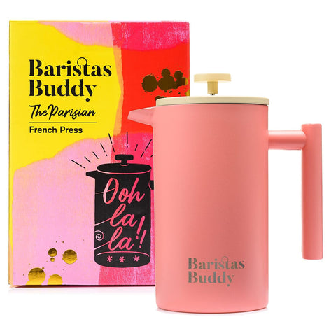 BaristasBuddy Prensa Francesa Rosa Compacta, ideal para desayunos rápidos y fáciles.