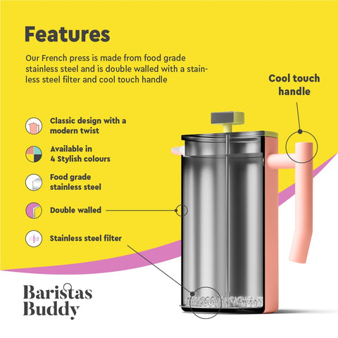BaristasBuddy Prensa Francesa Rosa Estilo Retro, añade toque vintage a tu cocina.