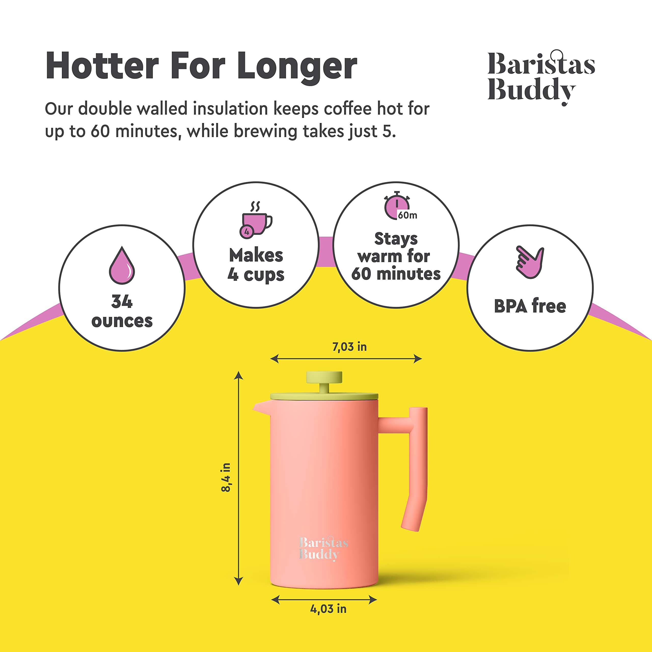 BaristasBuddy Prensa Francesa Rosa Inoxidable, resistente y duradera.