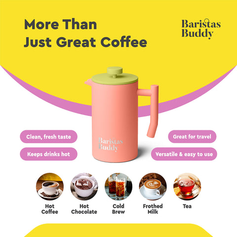 BaristasBuddy Prensa Francesa Rosa Multifuncional, ideal para café, té o chocolate caliente.
