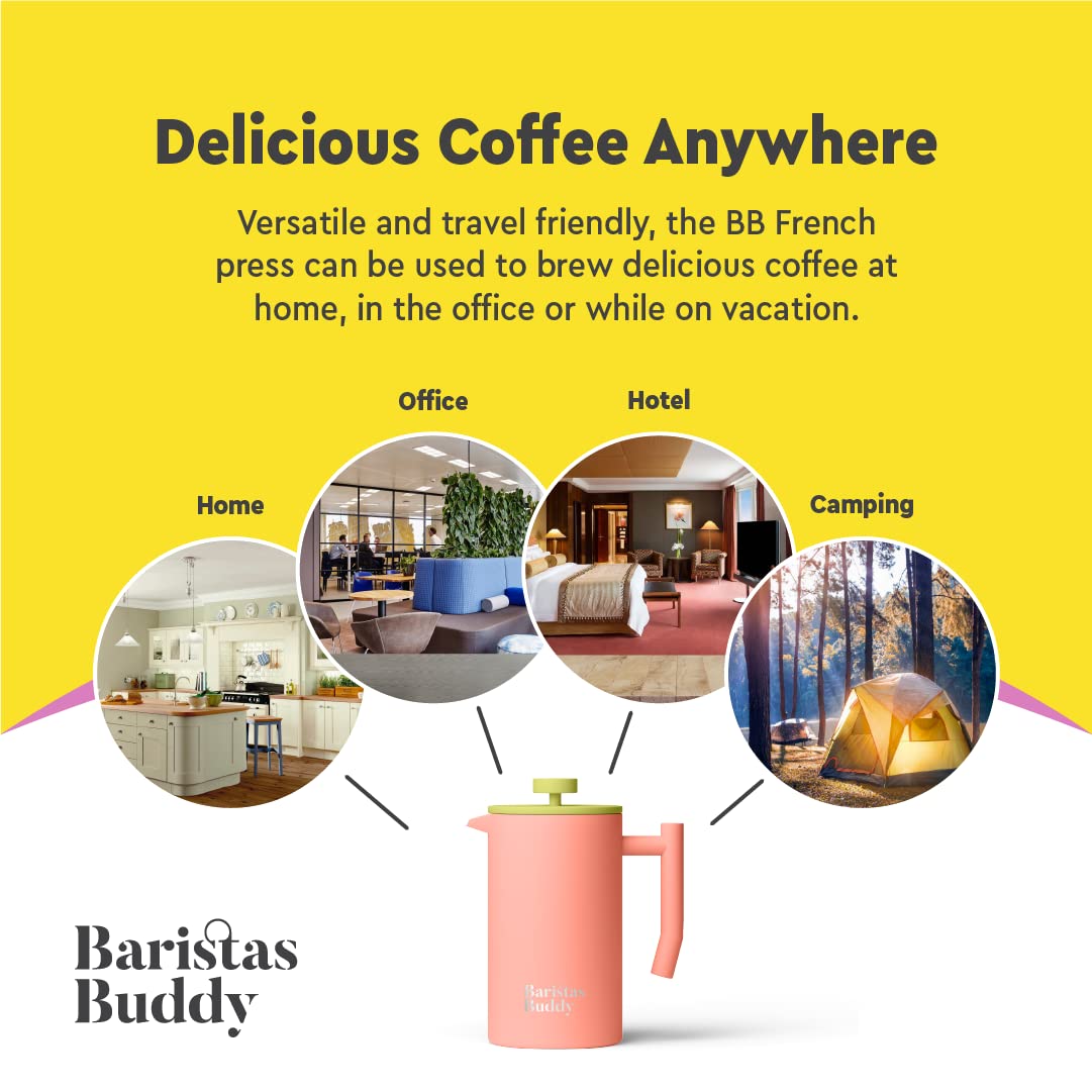 BaristasBuddy Prensa Francesa Rosa para Viaje, ligera y fácil de transportar.