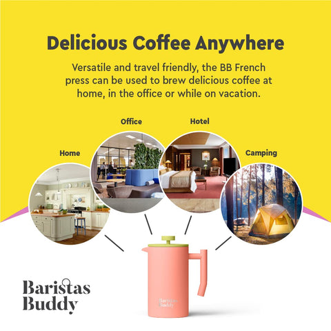 BaristasBuddy Prensa Francesa Rosa para Viaje, ligera y fácil de transportar.