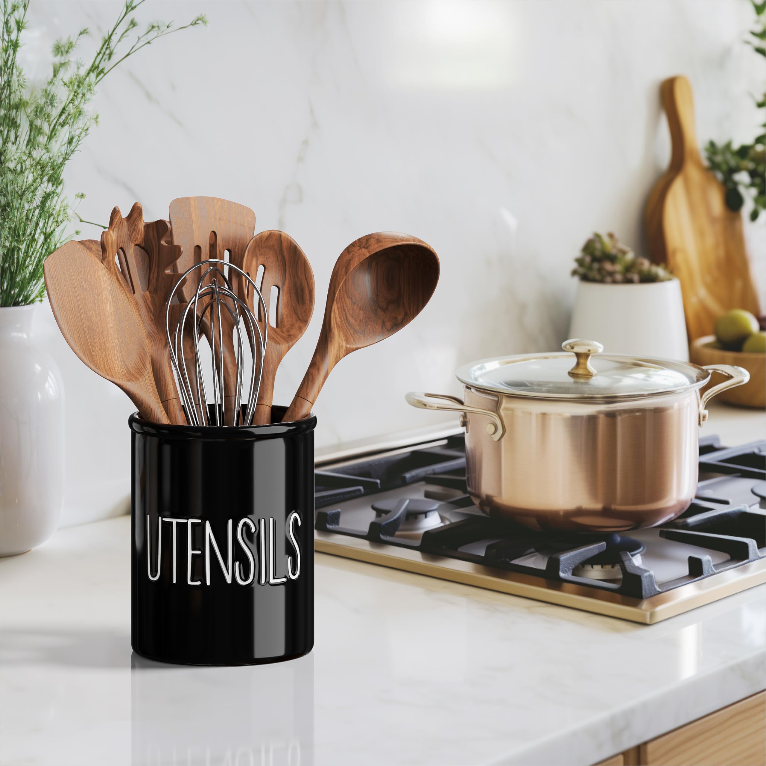 Barnyard Designs utensilios en cerámica negra para encimera, estilo rústico