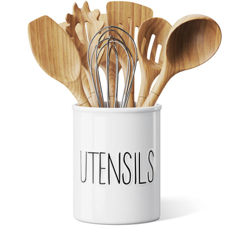Uso diario del porta-utensilios Barnyard Designs para mantener la encimera ordenada.