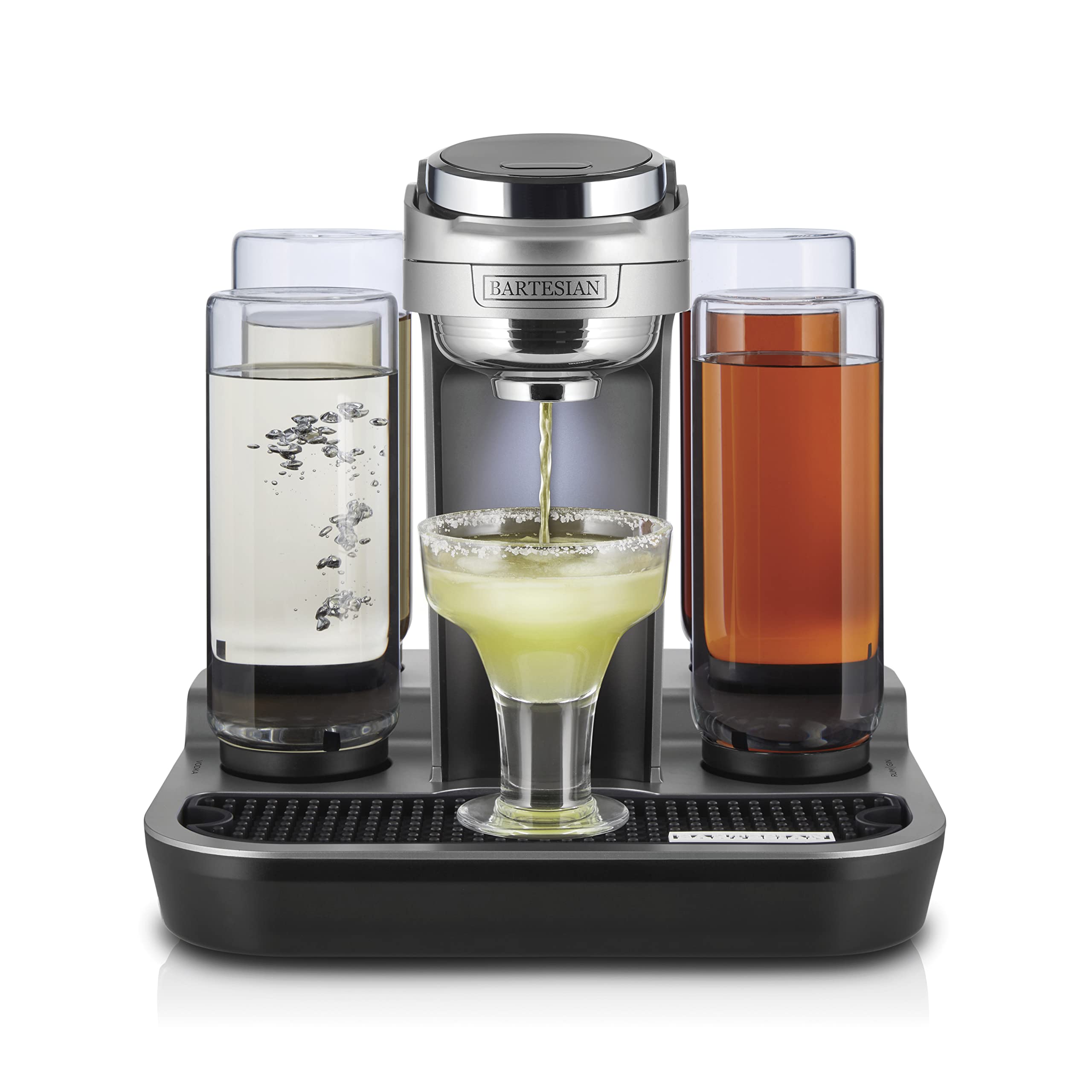 Bartesian Maquina Profesional de Cocteles, vista general del sistema y botellas premium.