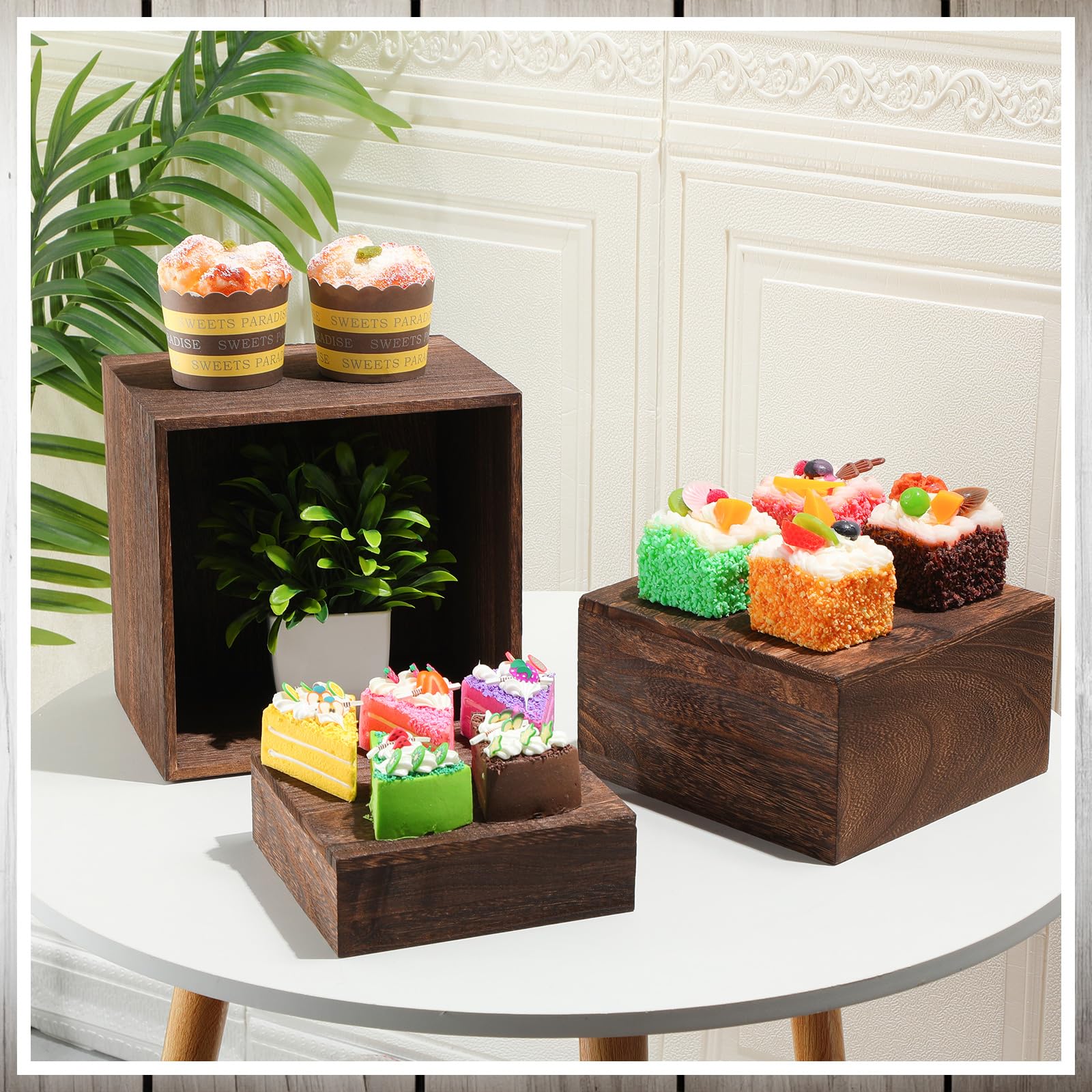Barydat stand para dulces madera quemada, perfecto para bodas y eventos.