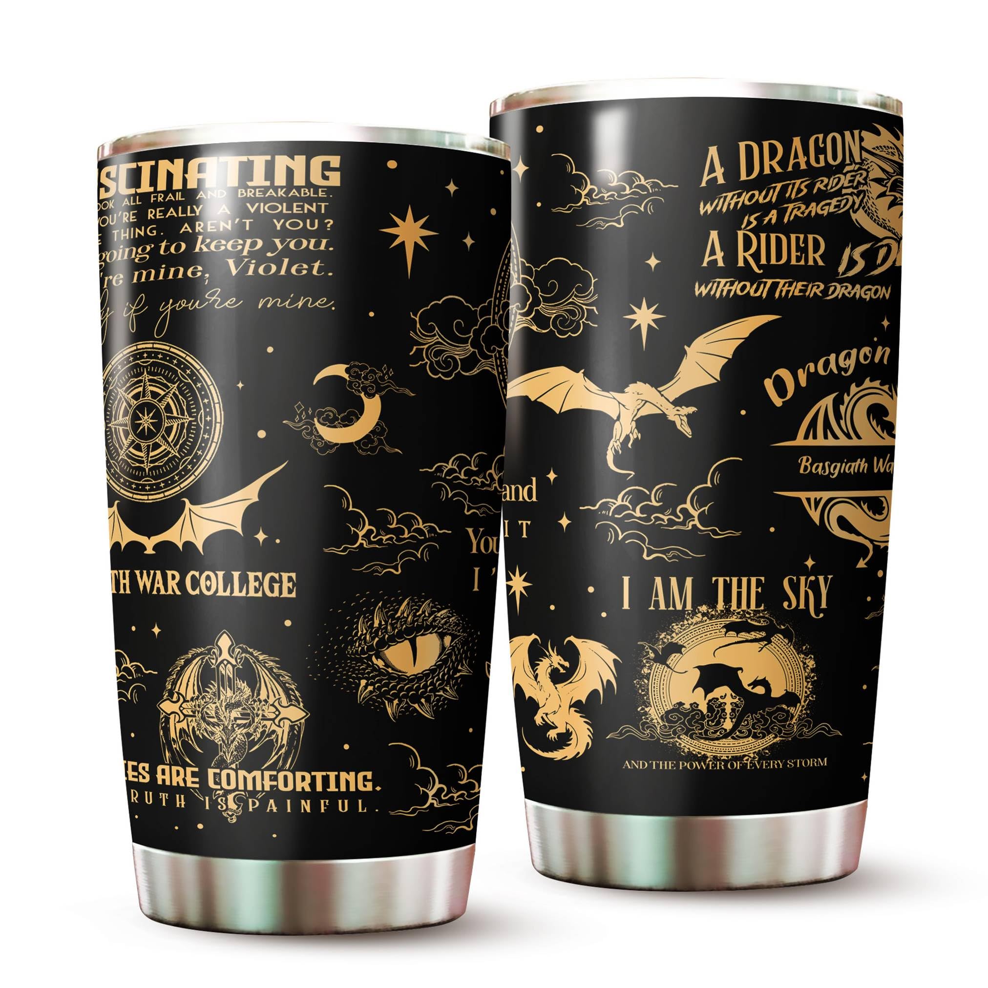 Basgiath ala-dragon 20oz, vaso duradero para mantener calor durante la lectura.