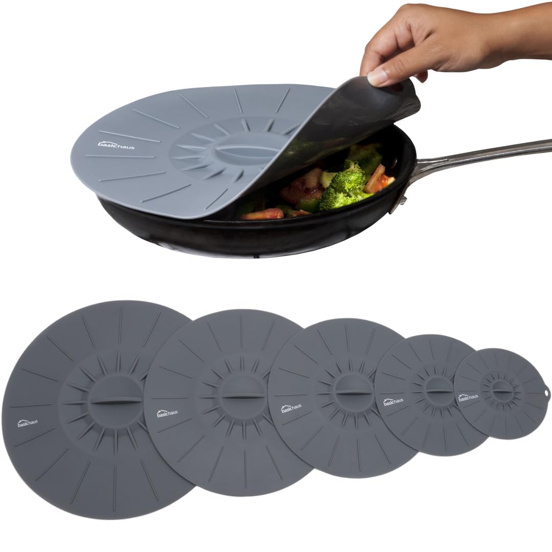 Tapas de silicona Basic Haus de 6 pulgadas para ollas y tazones, sellado cómodo y salpicaduras reducidas.