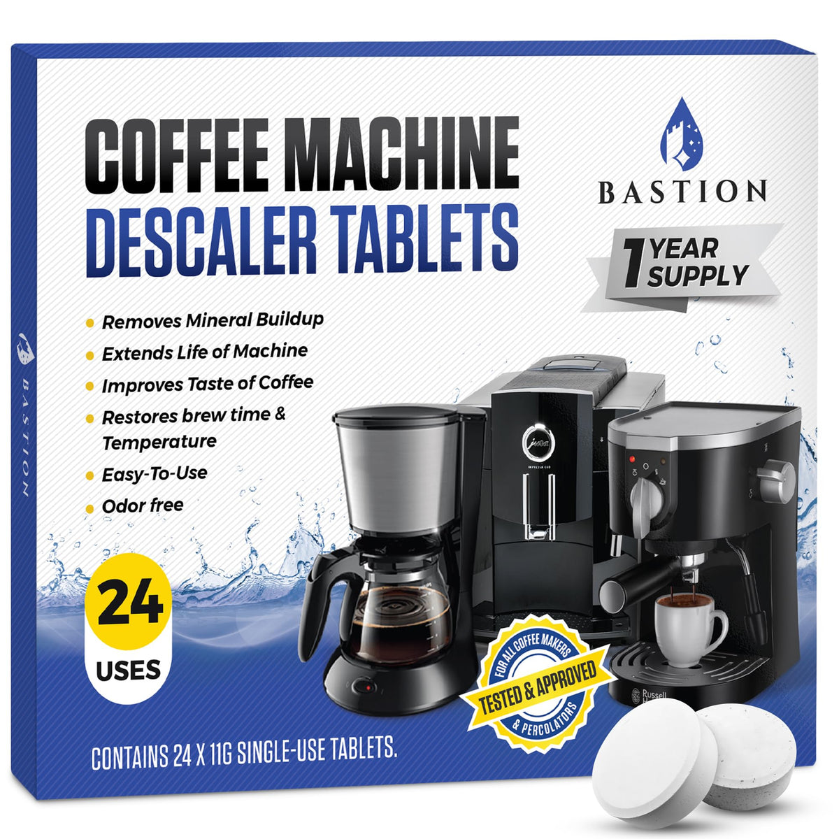 Bastion: paquete de 24 tabletas desincrustantes para cafetera, listo para usar.