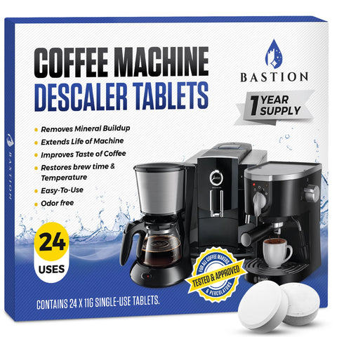 Bastion: paquete de 24 tabletas desincrustantes para cafetera, listo para usar.