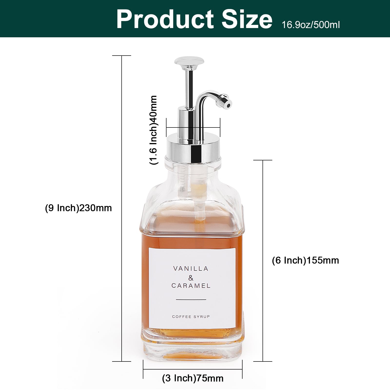 BathAce Botellas de vidrio claro de 500 ml, elegantes y duraderas para jarabe.