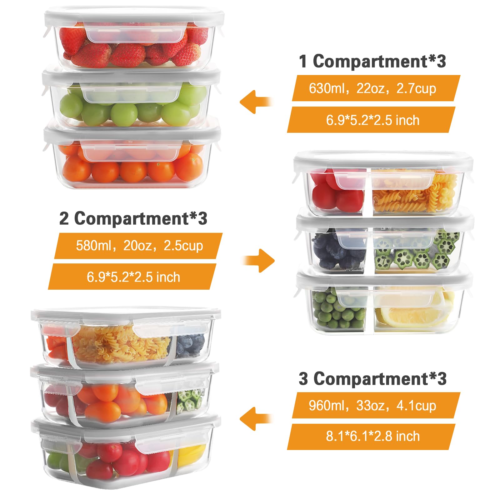 Bayco contenedores vidrio con dos compartimentos 580 ml, ideal para comidas balanceadas