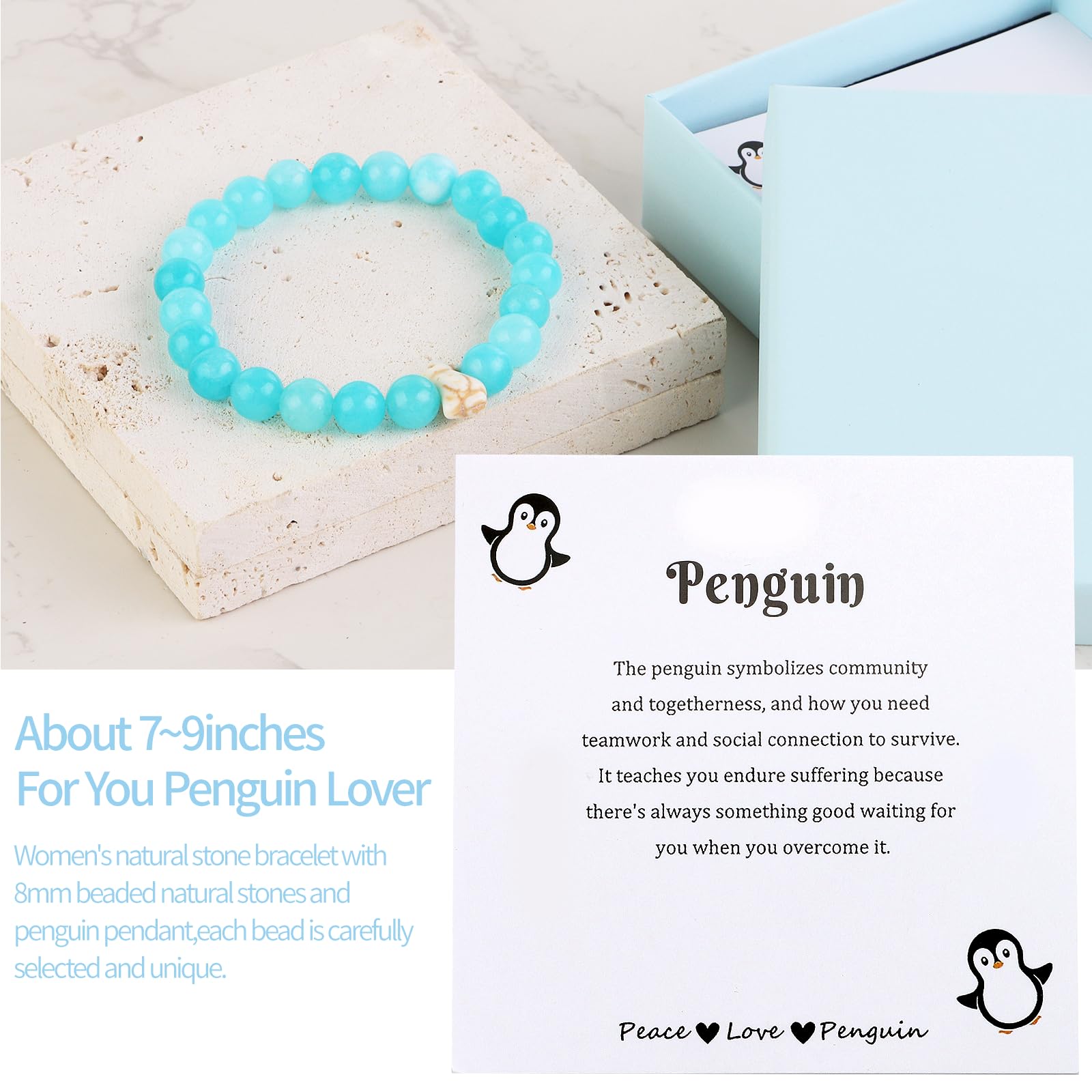 Bayelove pulsera de piedras naturales 8mm con pinguino, toque elegante