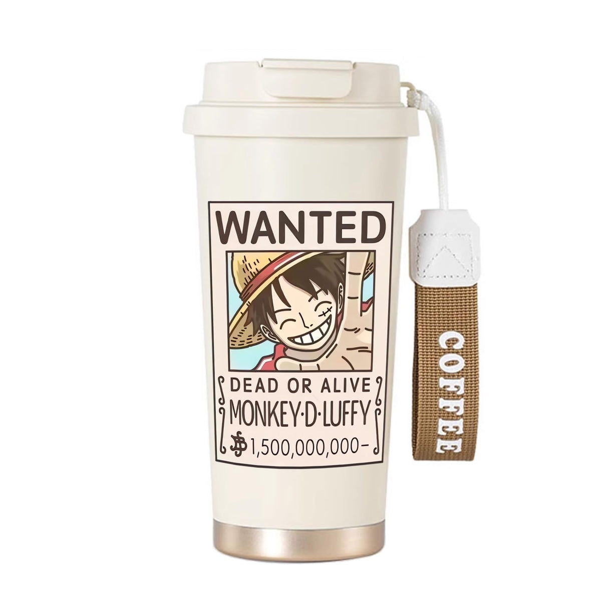BayJew vaso de viaje con cartel Wanted frontal, perfecto para fans de One Piece.