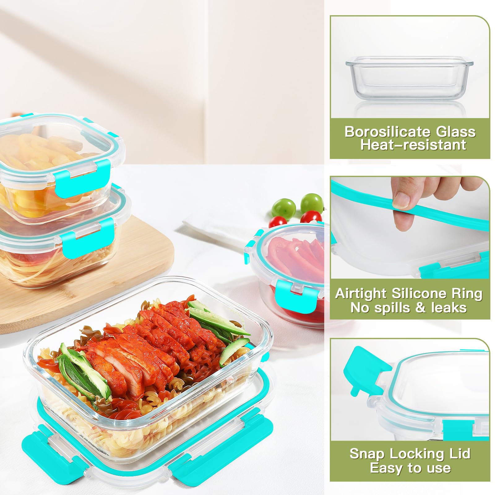 BAYZZ envases cuadrados de vidrio con tapas herméticas para porciones seguras.