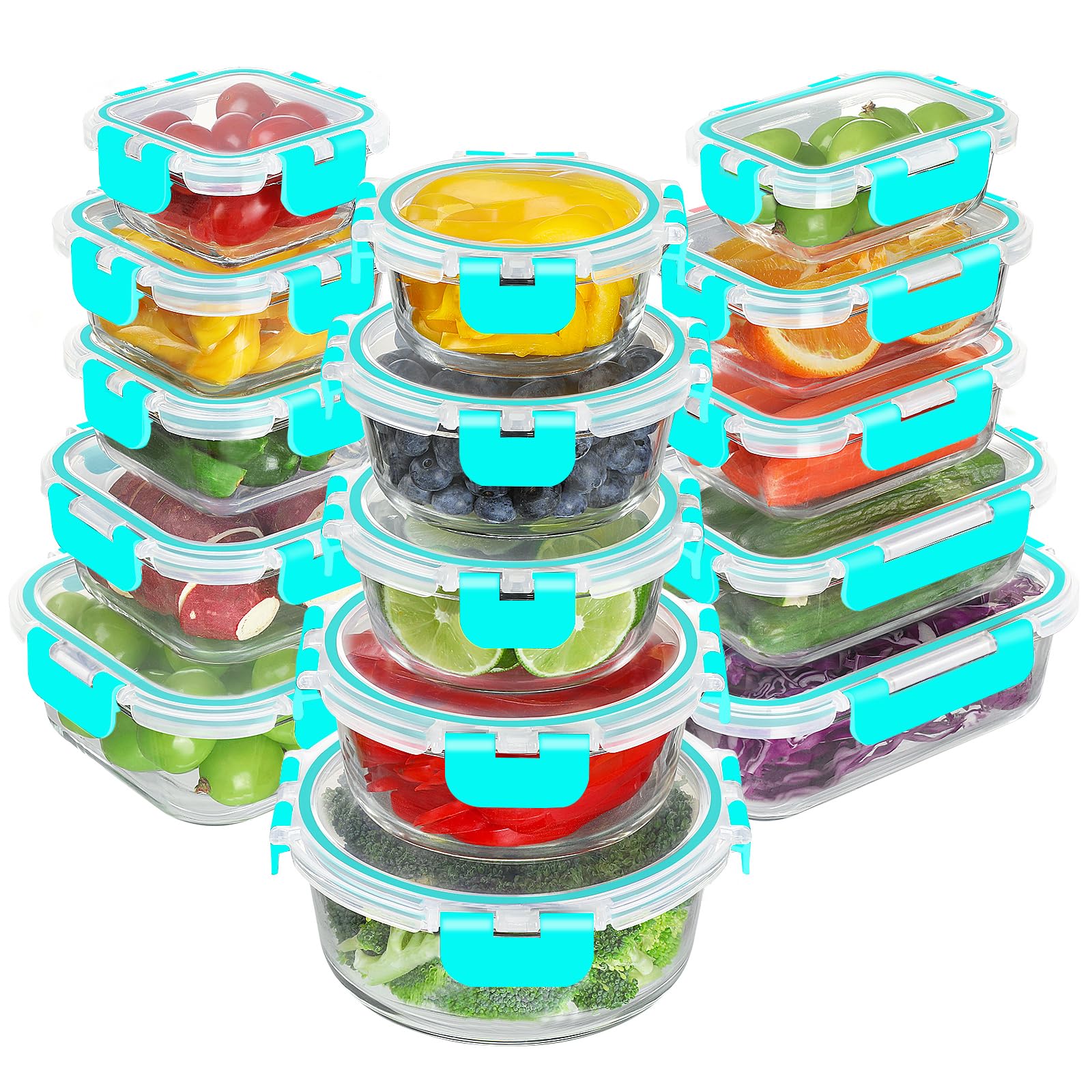 BAYZZ juego de 30 envases de vidrio con tapas herméticas para conservar alimentos.