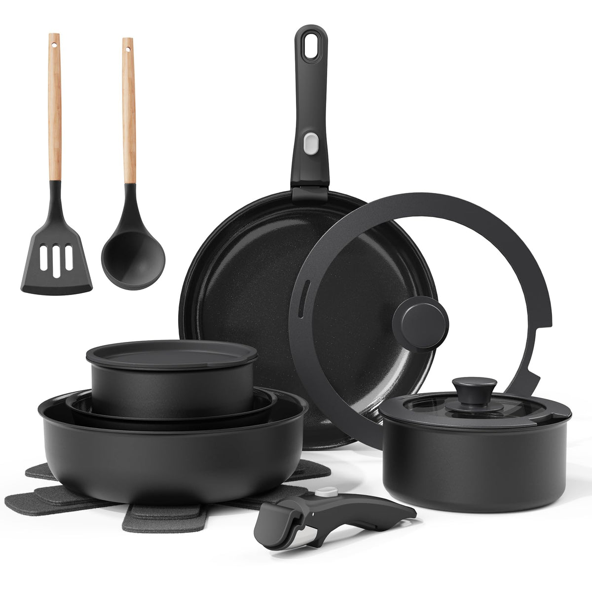 Bazova conjunto de ollas y sartenes cerámicas para una cocina ordenada y segura.