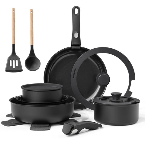 Bazova conjunto de ollas y sartenes cerámicas para una cocina ordenada y segura.