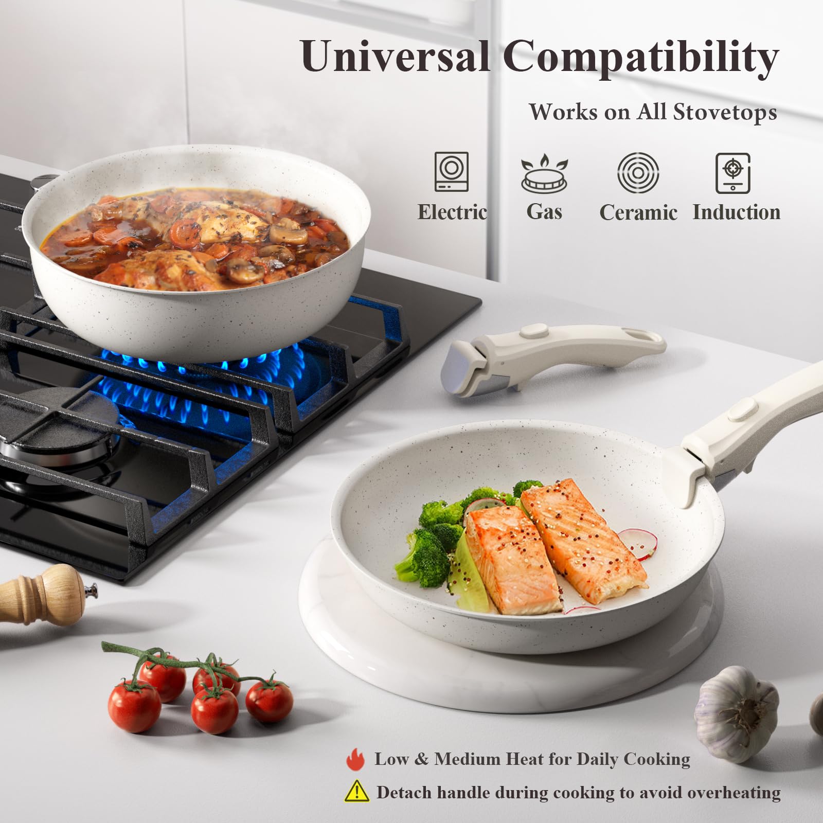 Diseño apilable que maximiza el espacio en cocinas pequeñas.