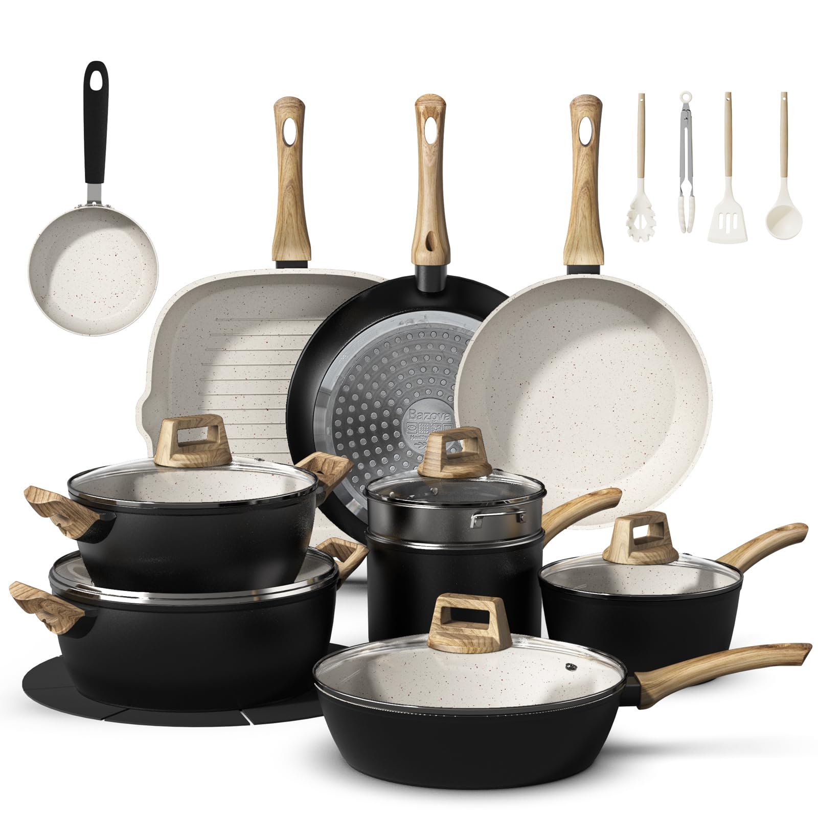 Bazova set cerámico de 25 piezas para cocinar con seguridad y gran capacidad.