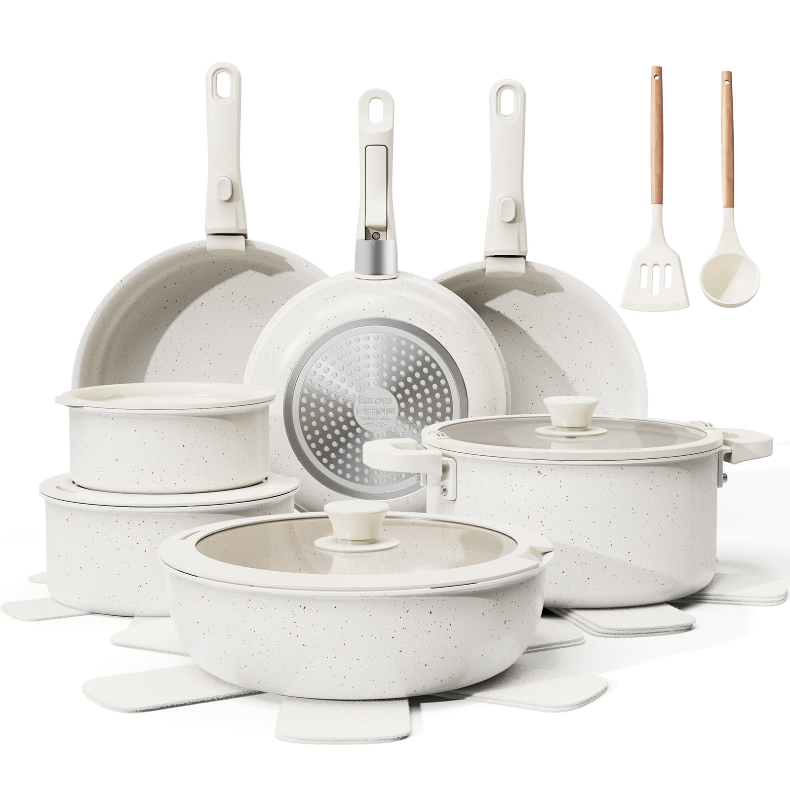 Bazova set de ollas y sartenes ceramicas con mangos desmontables para mayor versatilidad.