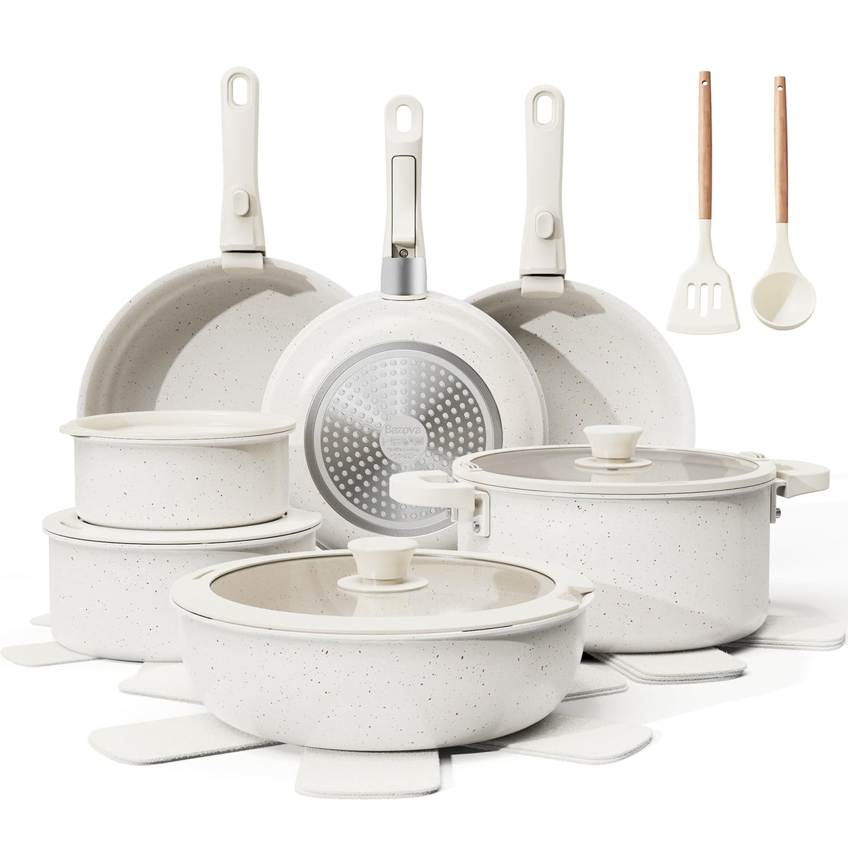 Bazova set de ollas y sartenes ceramicas con mangos desmontables para mayor versatilidad.