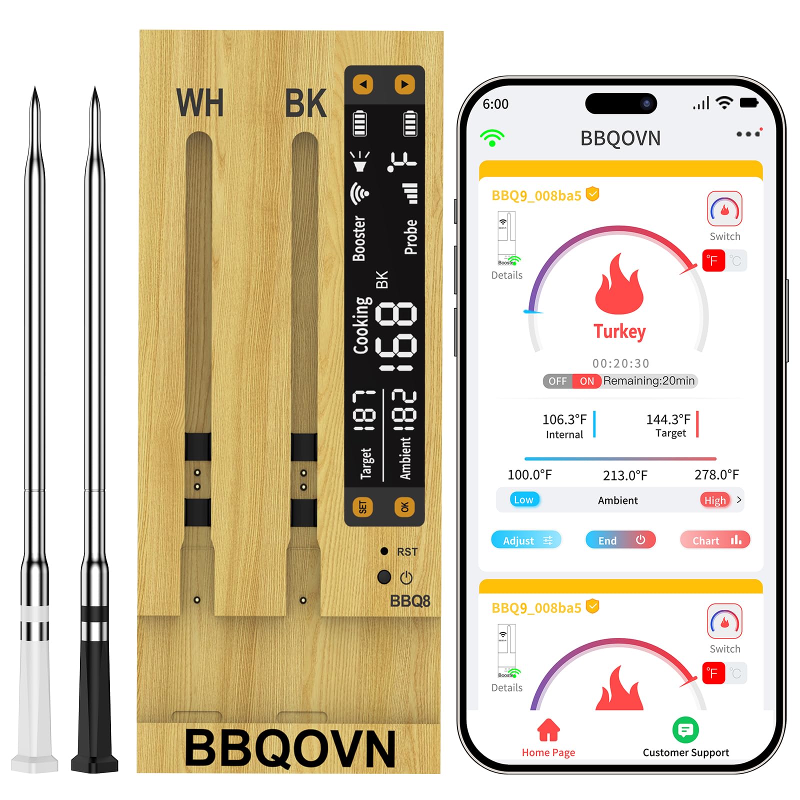 BBQOVN termómetro de carne inalámbrico con wifi sub1g, lectura remota para asar.
