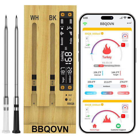 BBQOVN termómetro de carne inalámbrico con wifi sub1g, lectura remota para asar.