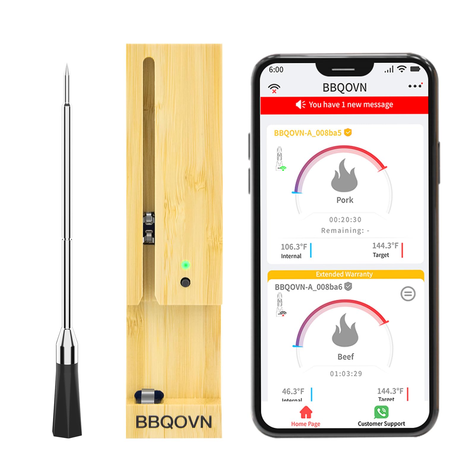 BBQOVN termómetro inalámbrico para carnes con aplicación, control remoto práctico