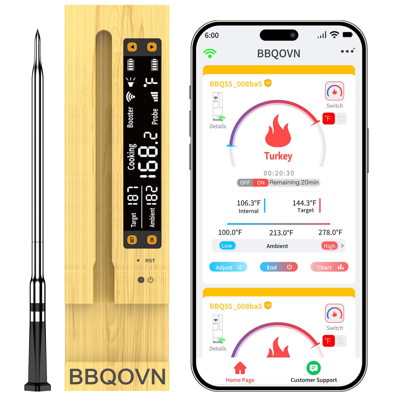 BBQOVN termómetro carnes inalámbrico con pantalla grande para monitoreo fácil desde la cocina