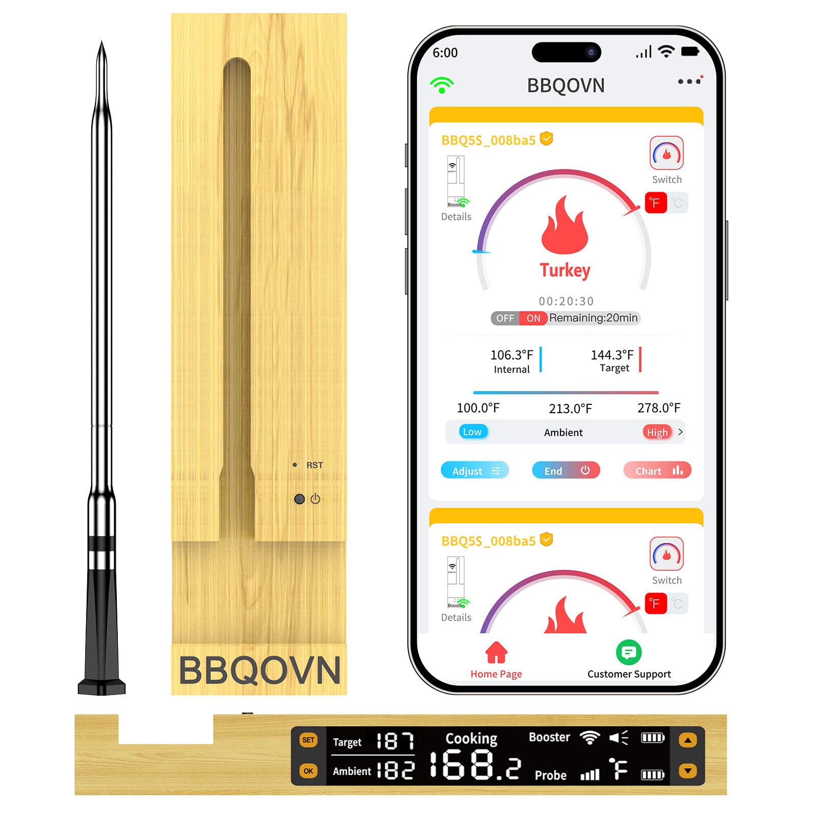 BBQOVN termómetro con pantalla muestra temperatura en tiempo real.