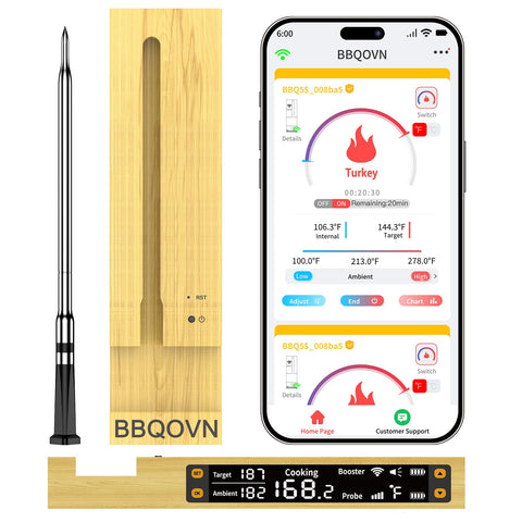 BBQOVN termómetro con pantalla muestra temperatura en tiempo real.