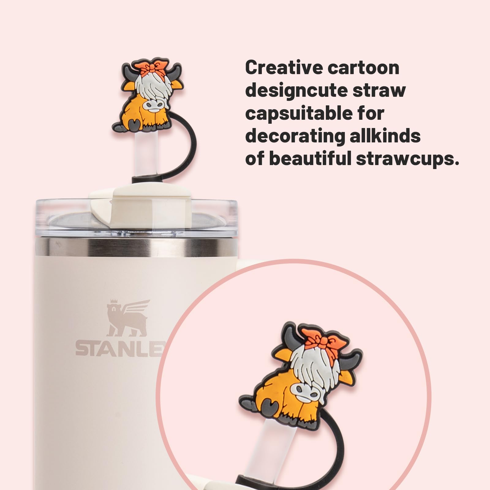 Accesorio de paja para vaso Stanley con dibujo de vaca, útil en exteriores.