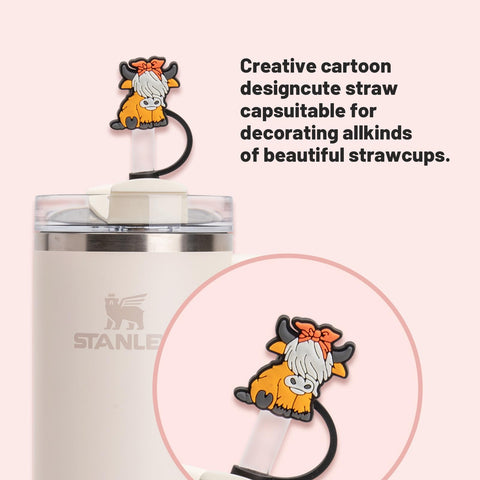 Accesorio de paja para vaso Stanley con dibujo de vaca, útil en exteriores.