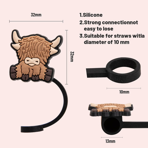 Accesorio de paja para vaso Stanley con vaca Highland, ideal para viajar.