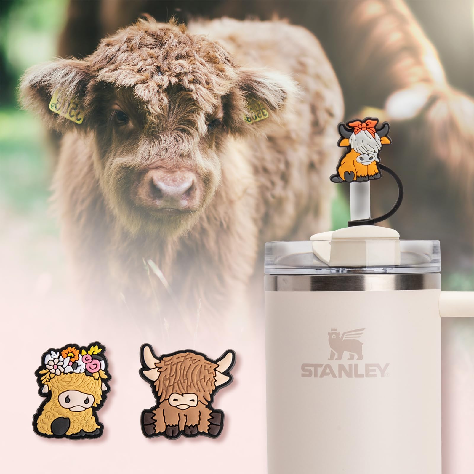 Tapa decorativa para taza Stanley con vaca Highland, colección para exteriores.