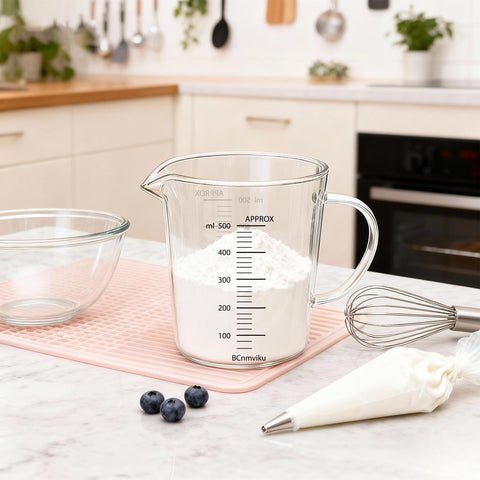 BCnmviku graduaciones grabadas en tazas, ml y oz para recetas variadas.