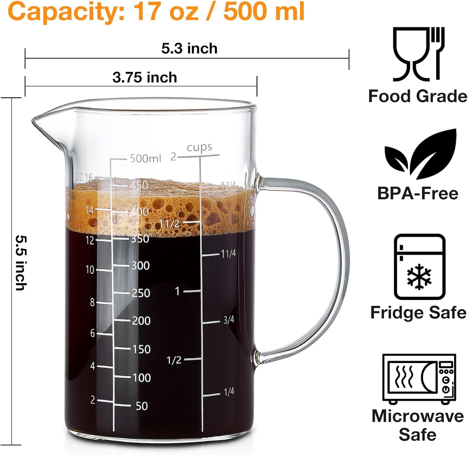 BCnmviku taza medidora de vidrio resistente al calor, uso versátil en cocina.