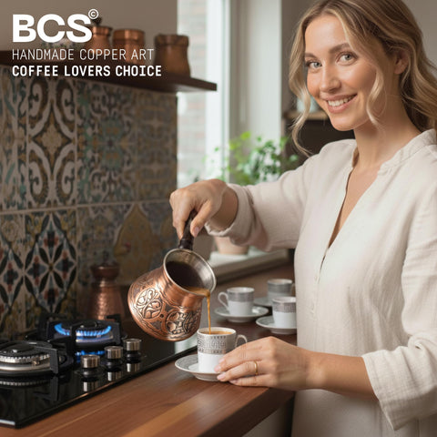 BCS cezve cobre 12oz detalle grabado floral que realza su estilo artesanal.