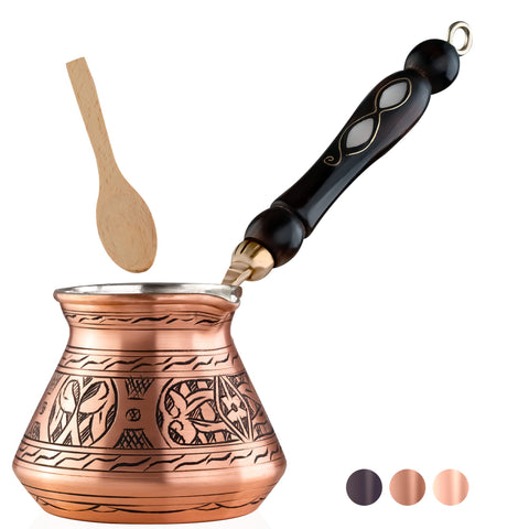 BCS cezve cobre 12oz frente con asa de madera para café tradicional.