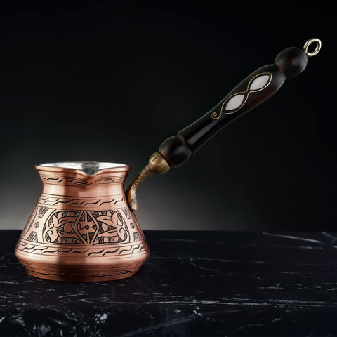 BCS cezve cobre 12oz cuchara de madera incluida para mezclar y servir.