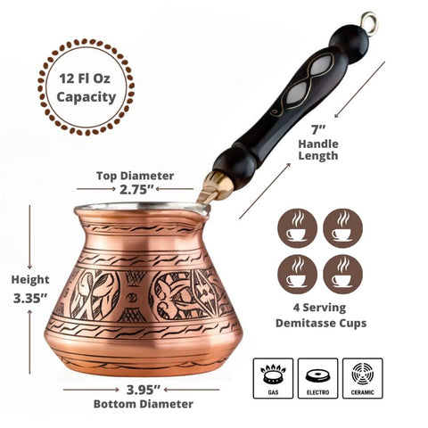 BCS cezve cobre 12oz lateral con asa de madera, diseño clásico.