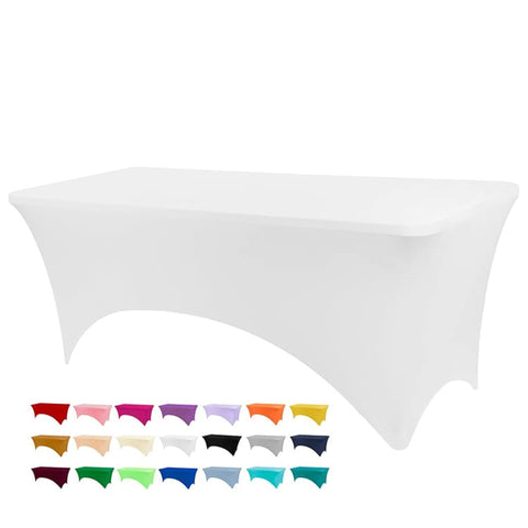 BDDC cubierta mesa rectangular blanca 4ft, aspecto limpio y profesional para eventos.