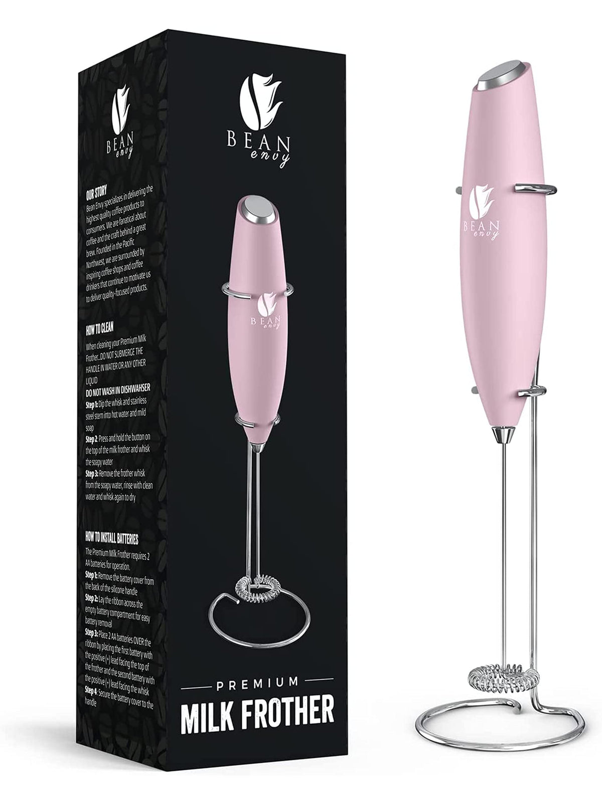 Bean Envy Batidor de Leche manual Rosa, ideal para espumar leche en casa.
