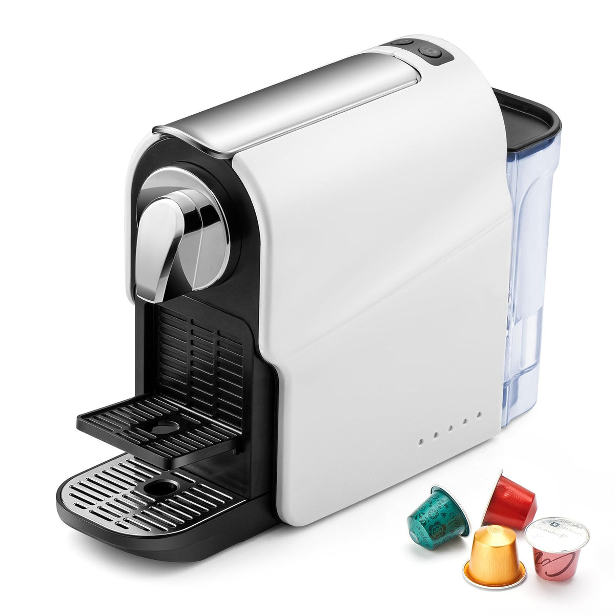 Beanglass máquina espresso con cápsulas, vista frontal, diseño compacto para cocinas pequeñas.