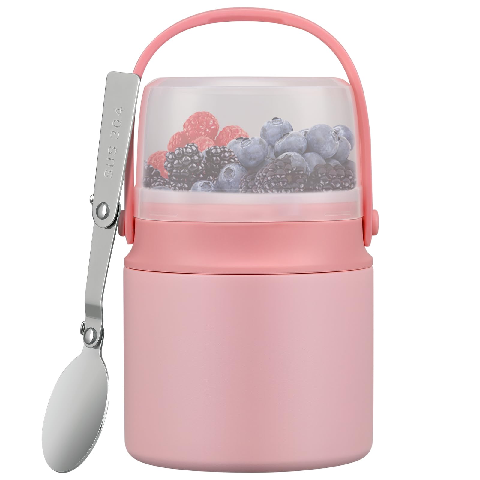 BEAQUEE jarra termica 2 en 1 con snack rosa, ideal para llevar comida caliente