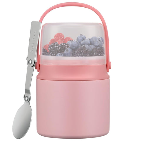 BEAQUEE jarra termica 2 en 1 con snack rosa, ideal para llevar comida caliente